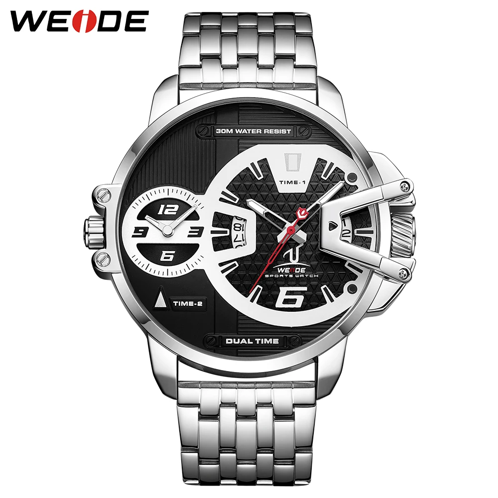 

WEIDE Mens Sports Army Stainless Steel Belt Auto Date Quartz Movement Two Time Dials Analog Male Wrist Watches Relogio Masculino