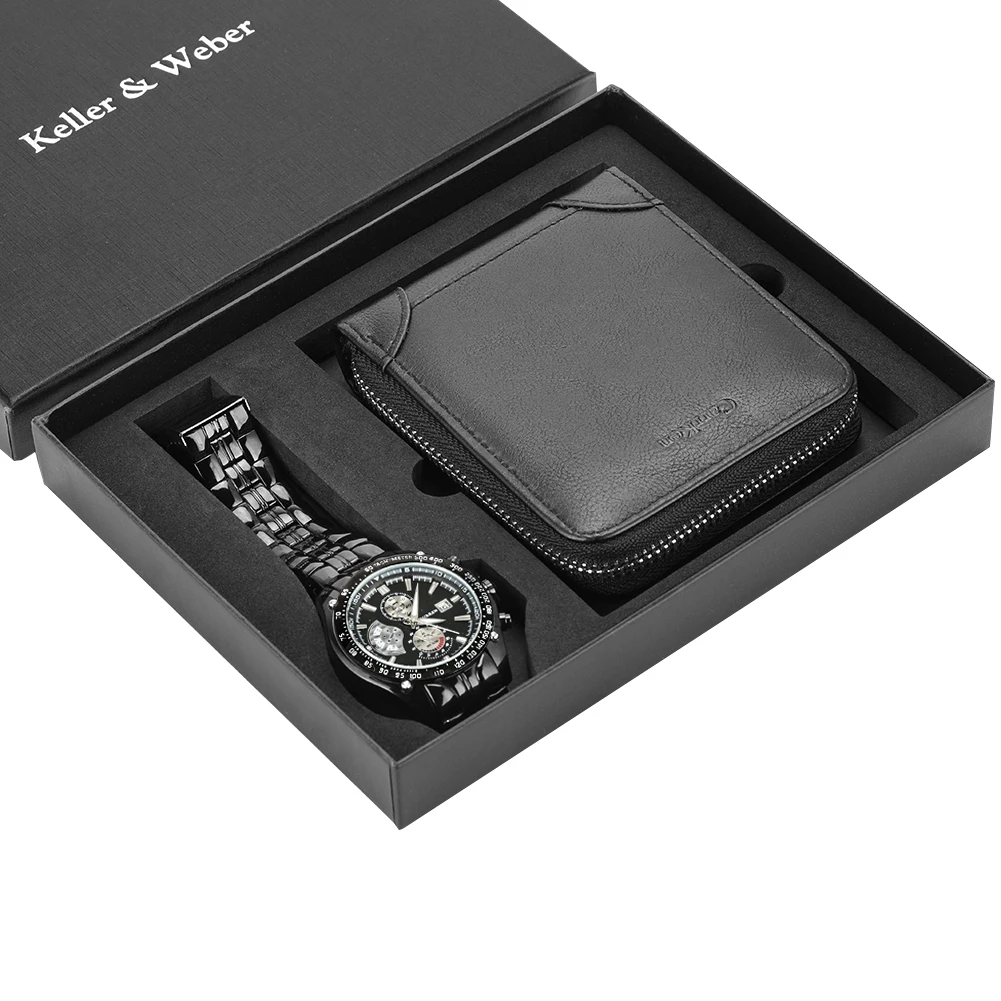 Gift set 4 Модные часы и набор для кошелька для мужчин из нержавеющей стали Кварцевые аналоговые наручные часы мужские кожаные молнии кошелек держатель для кредитных карт - Цвет: Gift set 4