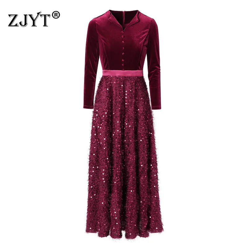 

Elegant Lady 2020 Spring Dress Women Runway Designers Fashion Full Sleeve Sequined Tassel Patchwork Long Velvet Party Dresses