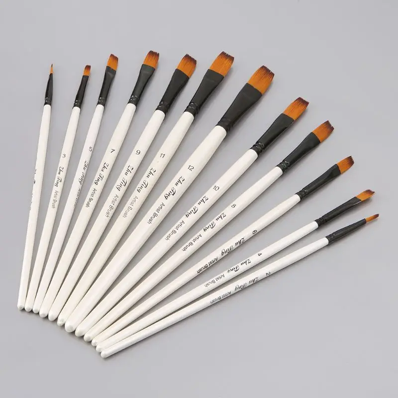 

12Pcs Artist Paint Brush Set Nylon Bristles Watercolor Acrylic Oil Painting Slant Flat Round Pointed Pen Tip Wood Handle Art Acc