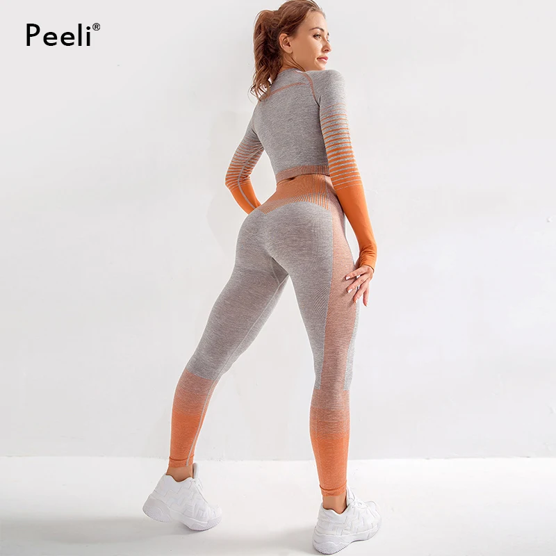 orange set Женские Бесшовные Легинсы Peeli, укороченный топ для тренажерного зала, комплект для йоги, спортивный костюм для тренировок, женская одежда, комплект для фитнеса, спортивная одежда, спортивный костюм - Цвет: orange set