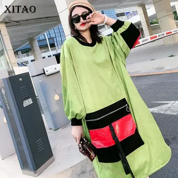 

XITAO Patchwork Dress Fashion New Women Plus Size Full Sleeve Pocket Elegant Goddess Fan Casual Style Loose Dress ZY1642