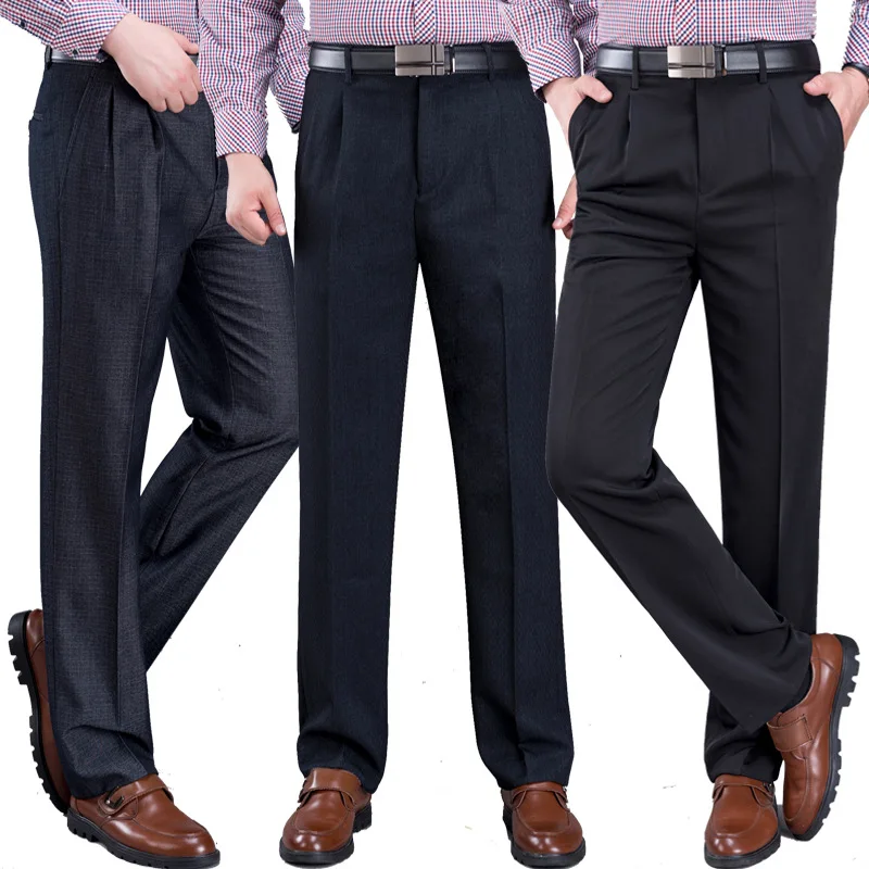 Новые осенние зимние мужские брюки толстые с высокой талией свободные двойные плиссированные мужские деловые брюки среднего возраста одиночные брюки