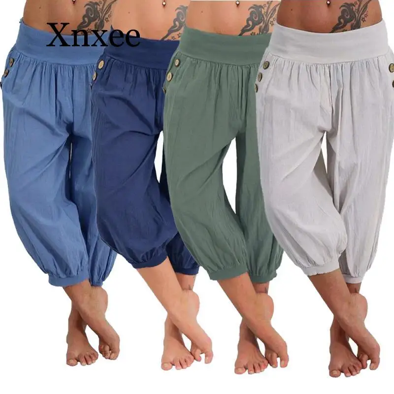 

Plus Size 5XL 2019 Women Summer Solid Harem Loose Knee Length Trousers Female Elastic Waist Capris Pants Summer korean style