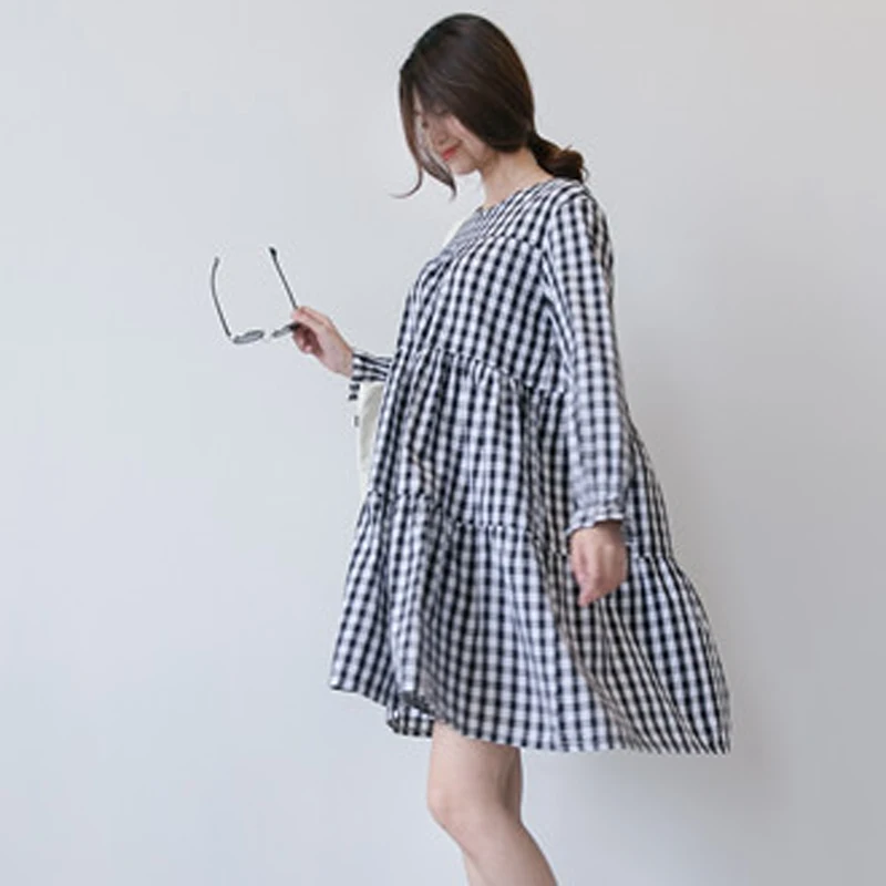 Черно-белое клетчатое платье А-силуэта больших размеров топы для беременных и блузки S Осень