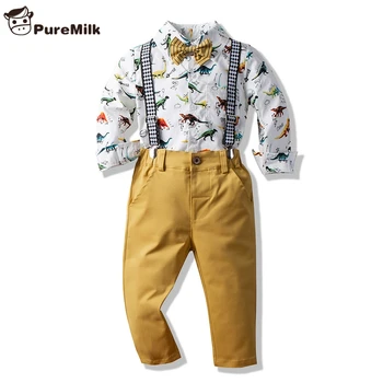 

PureMilk Kids Clothes Fashion Boys Clothes Dinosaur Printed Shirt With Bowtie+ Pant With Strap