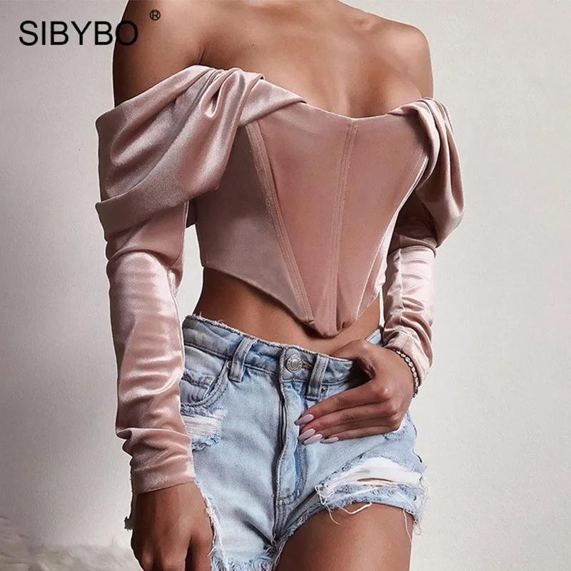 SIBYBO бархатные сексуальные топы с открытыми плечами для женщин, летняя футболка без бретелек с длинным рукавом, женские топы с открытой спиной