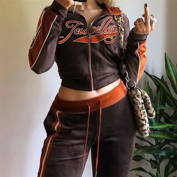 Women Matching Set Fitness Sporty Streetwear Tracksuit Letter Print Velvet 2 Piece Outfit Sweatshirt Straight