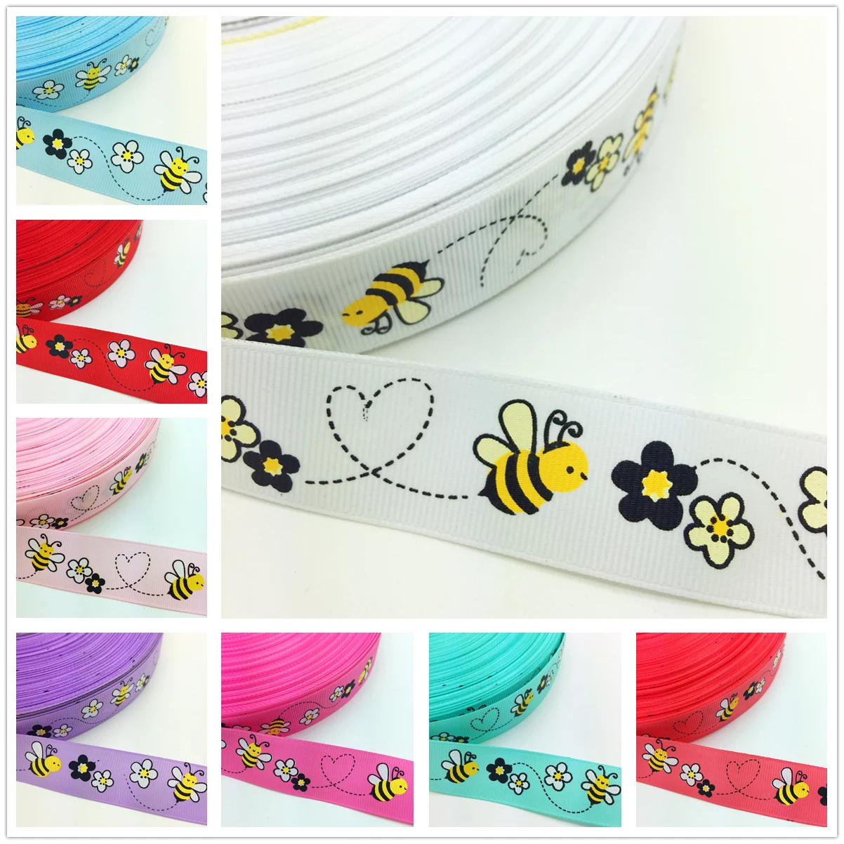 DIY 5 Yards 1'' 25mm Little Bee Printed Grosgrain Ribbon Hair Bow Party Craft grosgrain ribbon ribbon supplies ribbon decoration sewing ribbon