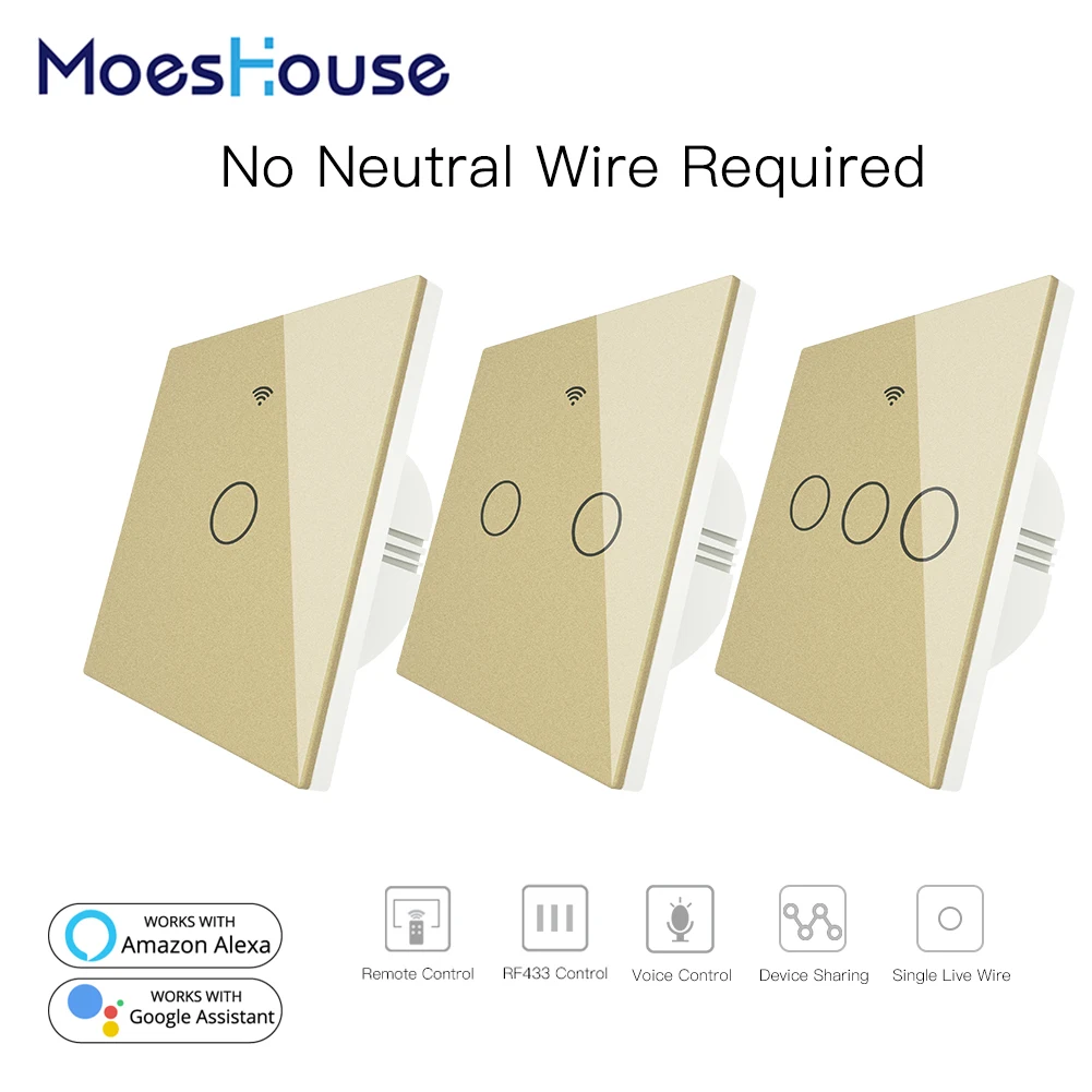 

Gold WiFi Smart Wall Switch No Neutral Wire Needed Wireless Smart Life Tuya Remote Control Single Fire Work With Alexa RF433