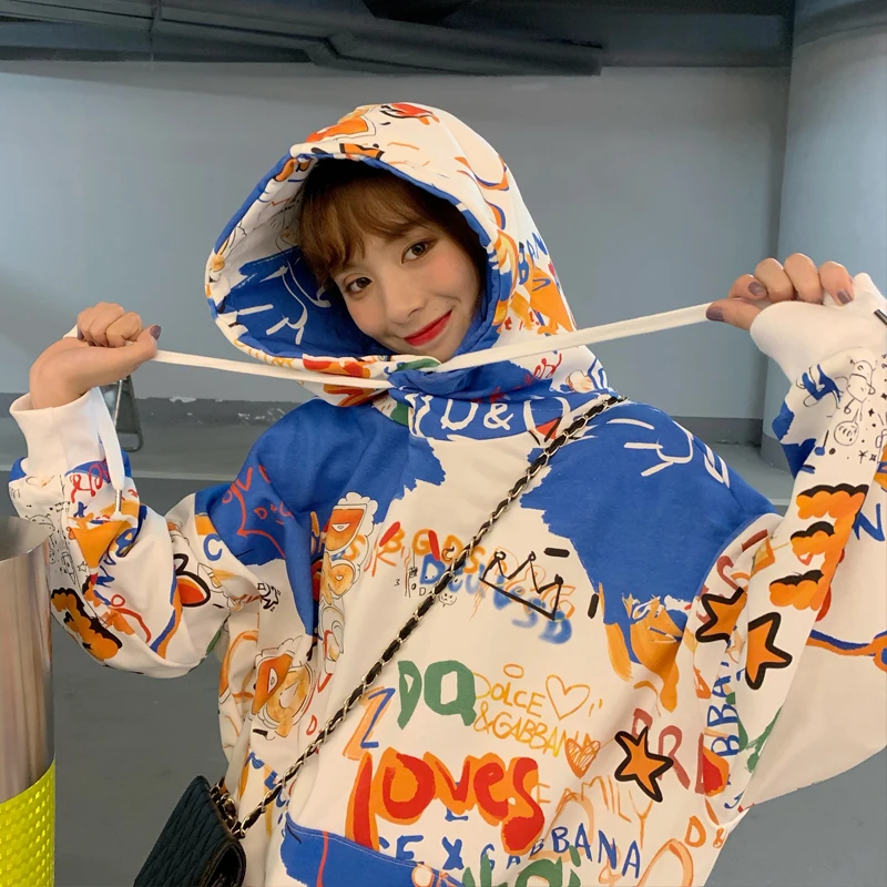 Neploe Harajuku стиль граффити печати толстовка с капюшоном свободные Bf Ins средней длины пуловер осень весна новые карманные толстовки 47414