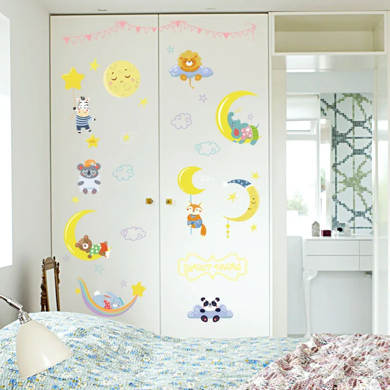 Cartoon cute animal wall stickers for kids room PVC Moon stars decorative wall stickers nursery baby nursery Decoration