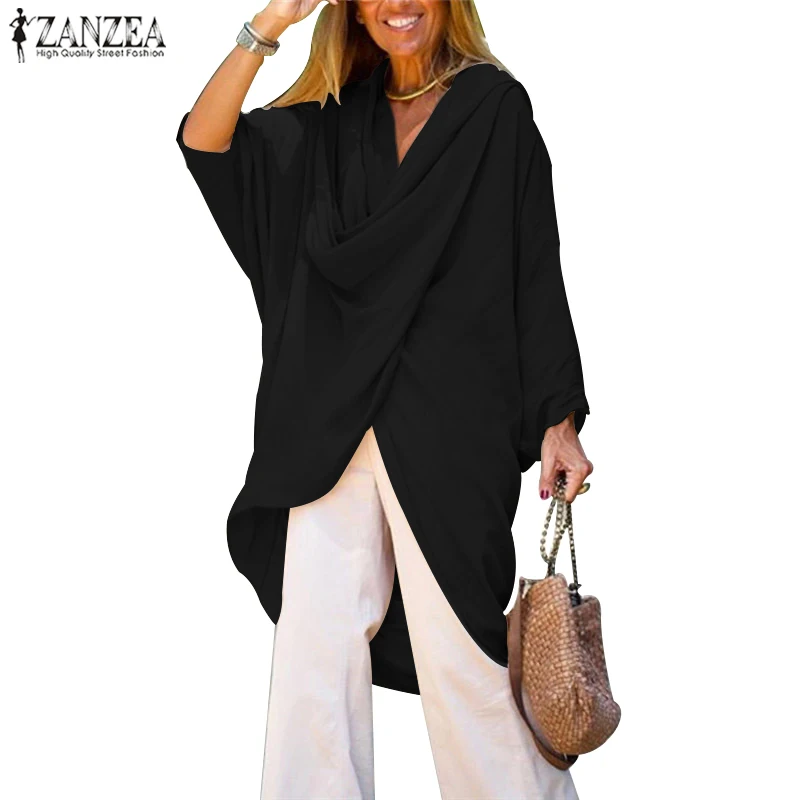 ZANZEA размера плюс Blusas Mujer винтажные женские длинные блузки 3/4 с рукавом повседневные Хлопковые Туники Топы свободные Асимметричные рубашки с воротником-хомутом