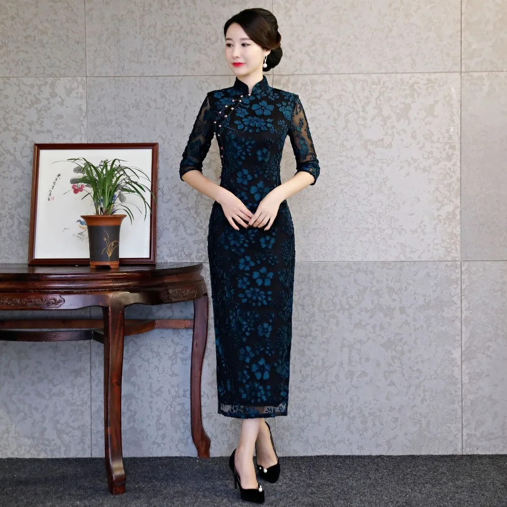 Женское атласное традиционное китайское платье Ципао, кружевное вечернее платье Ципао для леди, винтажный цветочный костюм в стиле ретро
