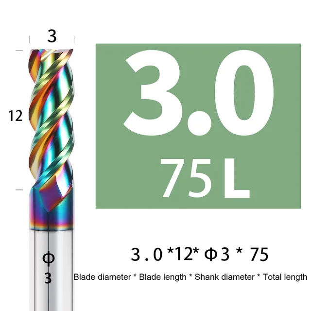 Colorful End Mill Aluminium HRC55 3F Milling Cutter Acrylic Wood Copper Plastic Cutting Tool CNC Maching Milling Tools Endmils 3X12XD3X75L