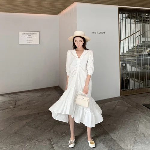

2019 Summer Spring Women Drawing Line Wrinkle Irregular Fairy Dress White New Style Fashionable Fold Dresses Women Sexy Clothes