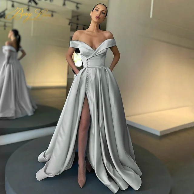 Baby Blue Evening Dress Sexy Long Party Gowns Elegant Satin Prom Dresses Button High Slit Formal Christmas robe de soiree Gray