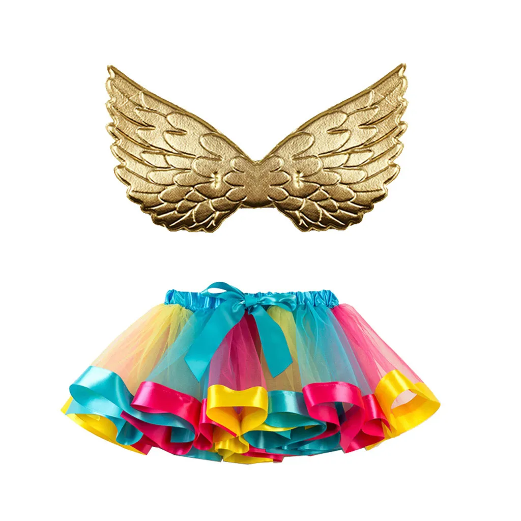 Радужные юбки-пачки для маленьких девочек, детские юбки-пачки вечерние танцевальные балетные костюмы для малышей Комплект с юбкой и крыльями - Цвет: Sky Blue
