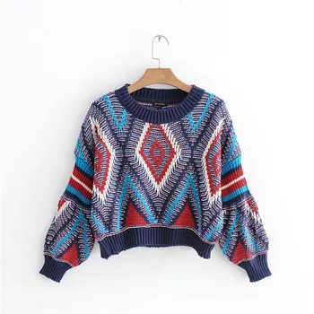 

Focal20 Streetwear Geometry Women Sweater Top Loose Crew Neck Female Pullovers Jumpers Casual Spring Autumn Lady Sweaters Tops