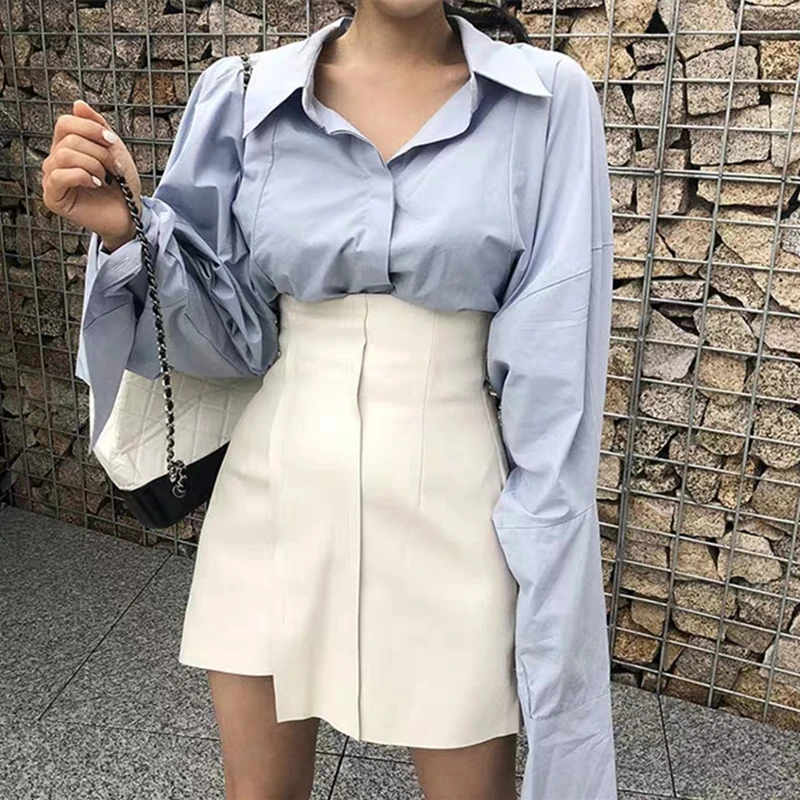 

2020 New Summer Women's Leather Skirt Pu Leather Black White High Waist Short Asymmetric Skirt Woman Mini Skirts Female Clothes