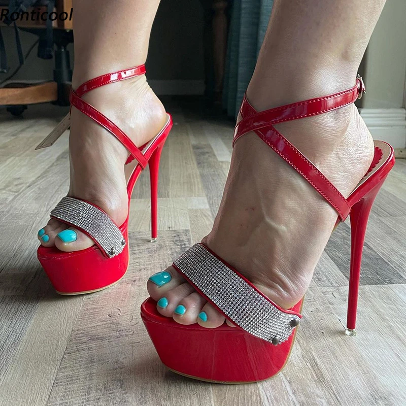 Ronticool Sandalias de plataforma brillantes hechas a mano para mujer, zapatos sexys de tacón de aguja con diamantes de imitación, abierta, bonitos, color rojo, tallas de EE. UU. 5 20|Sandalias de