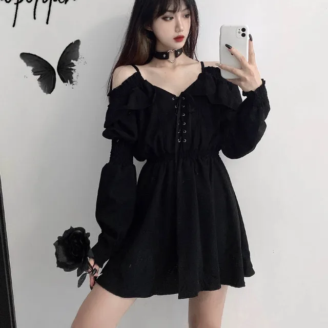 JMPRS Plus Size Gothic Women Black Mini Dress Sexy Off Shoulder High Waist Tunic Ladies Party Dress Long Sleeve V Neck Vestidos 6