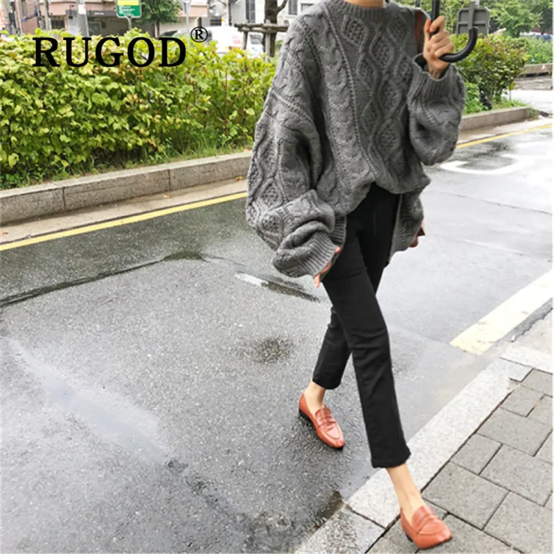 RUGOD Sweater Women 2019Korean Style Solid Gray O-neck Twist Diamond Long Sleeve loose Fluffy Sweater Casual Lady 2019S