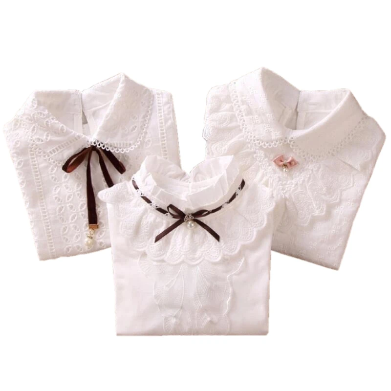 School Girls White Blouse Long Sleeve Lace Shirts Kids Cotton Shirt Baby Toddler Teen Girl Tops Children Clothes 6 8 10 12 Years | Мать и
