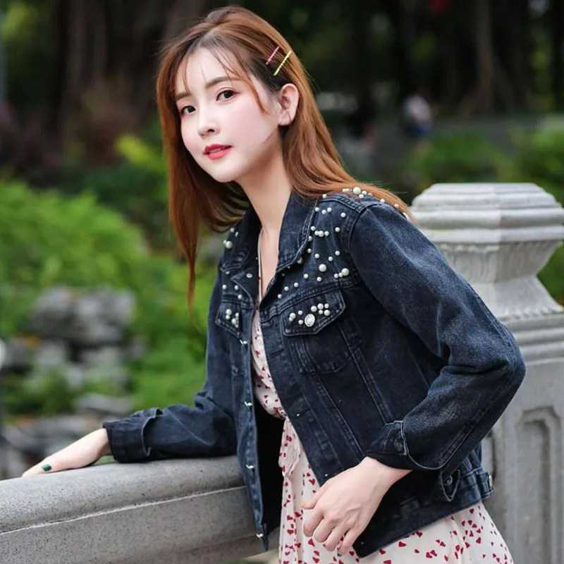 awesome  Shipp within 12hours 2020 Spring Plus Size Pearl Beaded Short Denim Coat Women S-5XL Long Sleeve Ca