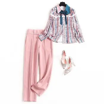 

Spring 2020 for European and American women's wear Long-sleeved printed shirt Pink trousers Fashion suits