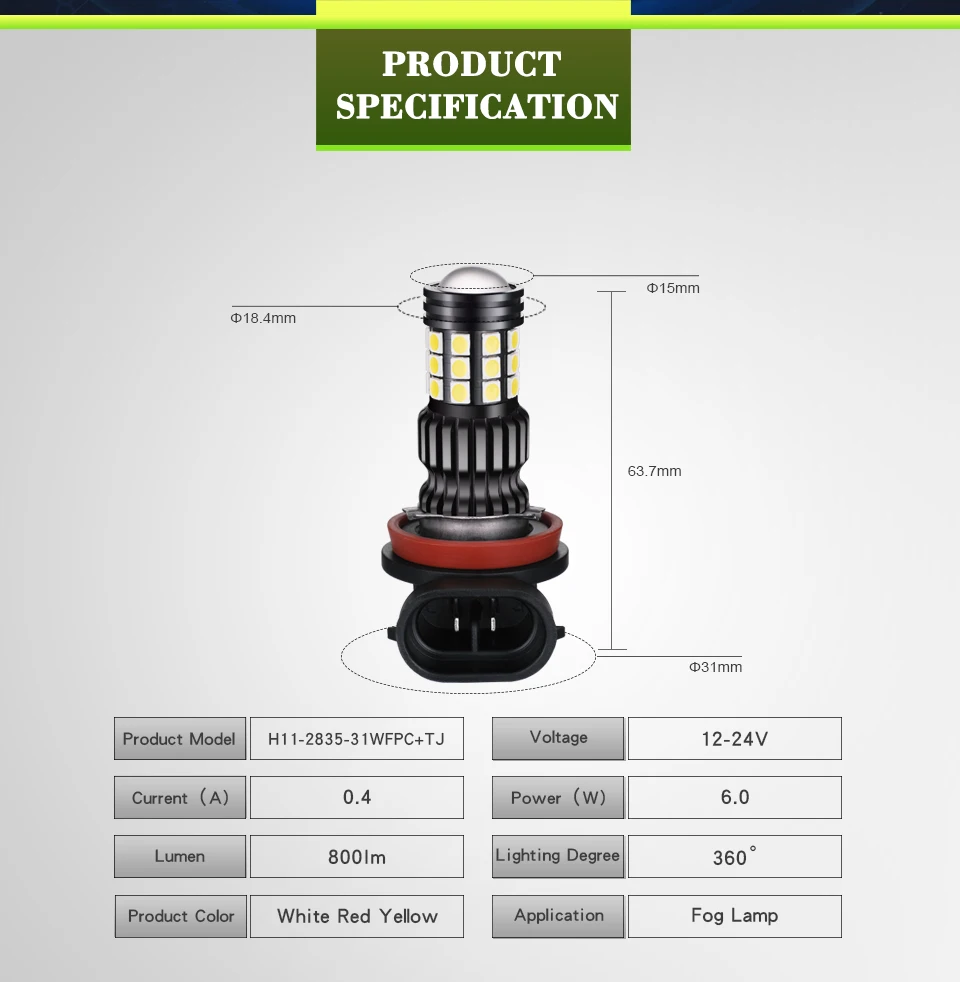 JIACHI 100 шт./лот светодиодный противотуманный фонарь 2835 SMD 31 светодиодный S высокой мощности H11 H8 9005 HB3 9006 HB4 H10 светодиодный противотуманный фонарь DRL Белый 12-24 В