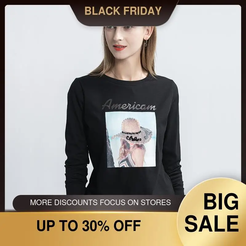 

Autumn 2020 New Casual Women's Round Neck Long Sleeve Printed T-shirt Fashion Pure Handmade Beads Womens Knitted Cotton Top