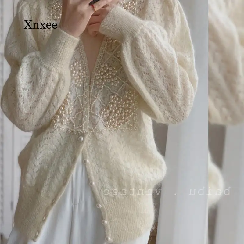 

V-Neck Pearls Sweater Women Knitted Flowers Crocheted Coat Loose Beaded Cardigan Long Lantern Sleeve Single-Breasted Jacket Tops