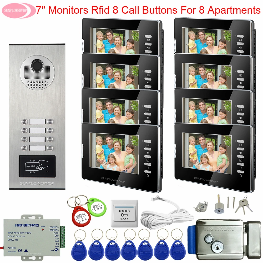 7\ Video Door Phone Intercom For 8 Apartments Video Intercoms For a Private House Access Control Home Bell +Electronic Door Lock