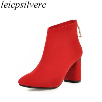 

Women's Boots Autumn Winter High Heel Warm Flock Square Toe Zip Ankle Crystal Stretch Boots 2019 Sexy Fashion Black Red Plush