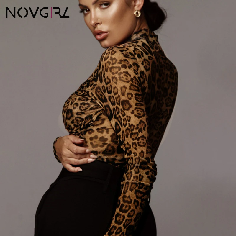 Novgirl, Леопардовый сексуальный боди для женщин, водолазка, длинный рукав, боди, комбинезон, боди, топы, с принтом, Клубные, вечерние, комбинезоны