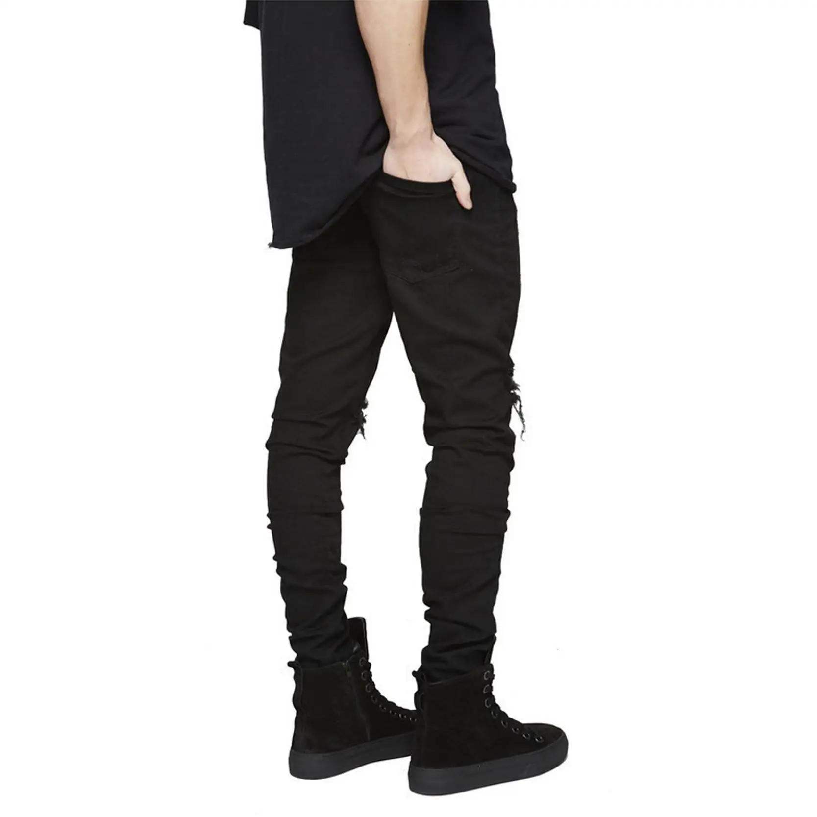 GODLIKEU Mens Destroy Distressed Jeans Ripped Skinny Black Biker Moto Hip Hop Urban Denim Pants