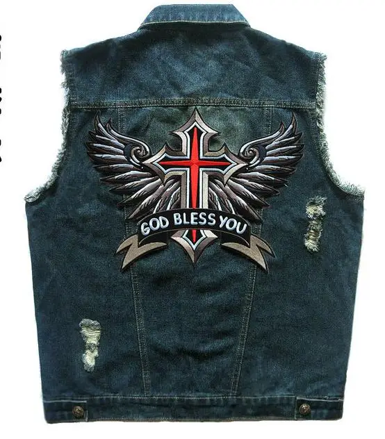 

Mens Blue Denim Punk Motorcycle Club Biker Vest Gold Bless You Wings Patch Designs Distressed Sleeveless Jacket