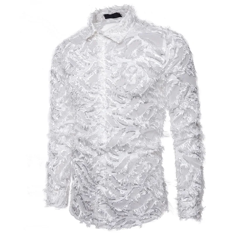 Men See Shirt Feather Lace Shirt Transparent Clubwear Shirts