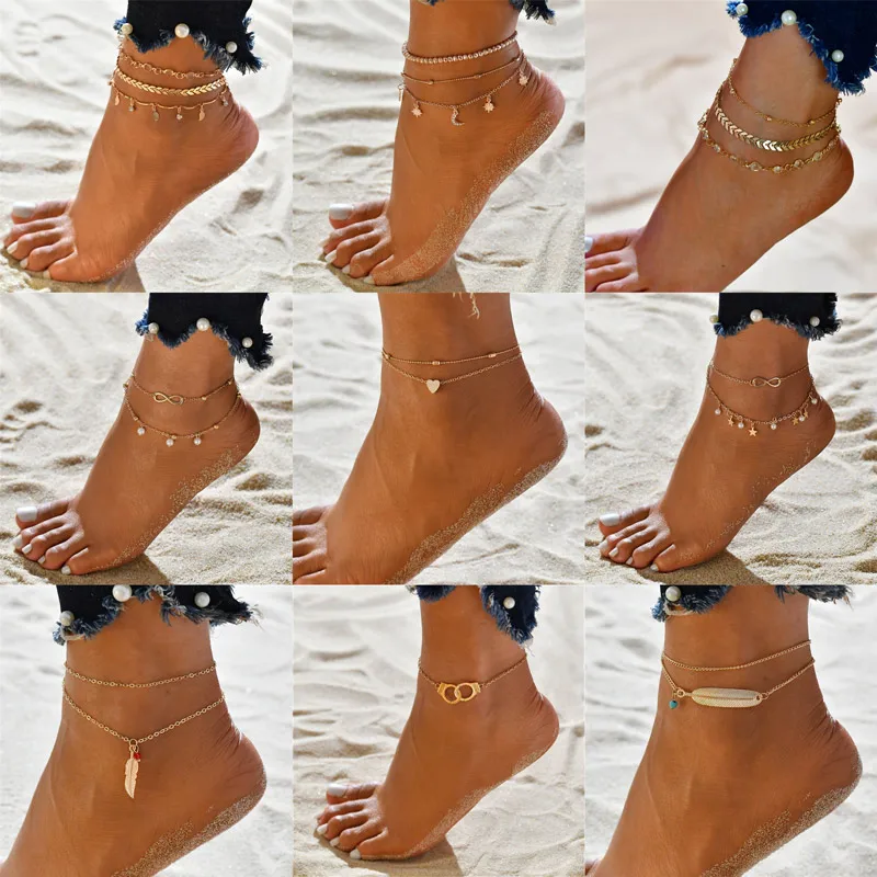 Layered Anklets Women Heart Gold Ankle Bracelet Charm Beaded Dainty Foot Jewelry for Women and Teen Girls Summer Barefoot Beach