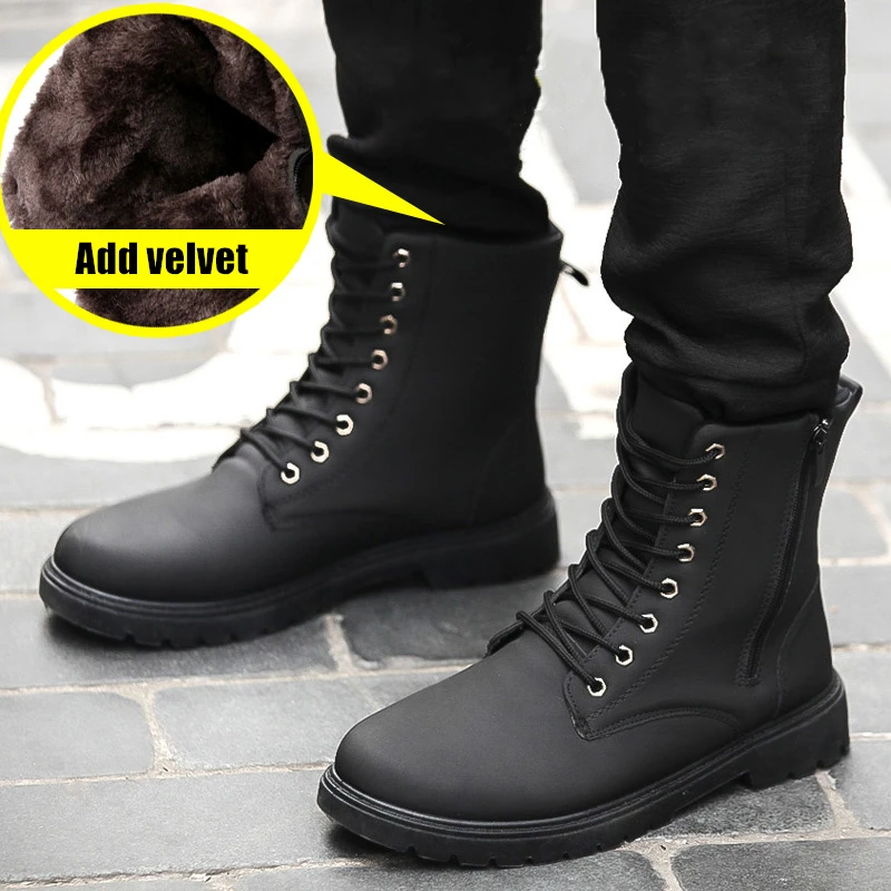 

Winter Plus Velvet Martin Boots Men Breathable Waterproof High Ankle Boots Side Zipper Tooling Boots Outdoor Walking Snow Boots