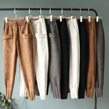

2020 Streetwear Women Pants Elastic High Waist Pockets Suede Harem Pants Casual Autumn Plus Size Trousers Women Pantalones Mujer
