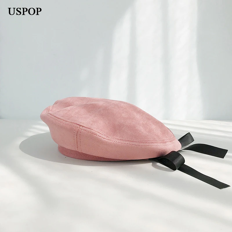

USPOP 2019 New winter hats Suede berets women hat sweet bow ribbon beret flat top warm suede hats casual solid color cap