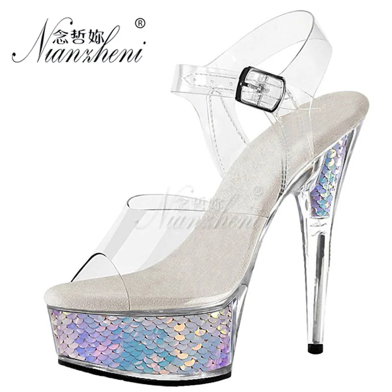 

6 Inch Super High Heeled Laser Bling Crystal Thin Women Platform Sandals 20CM Nightclub Thick Pole Dance Shoes Sexy Open Toe New