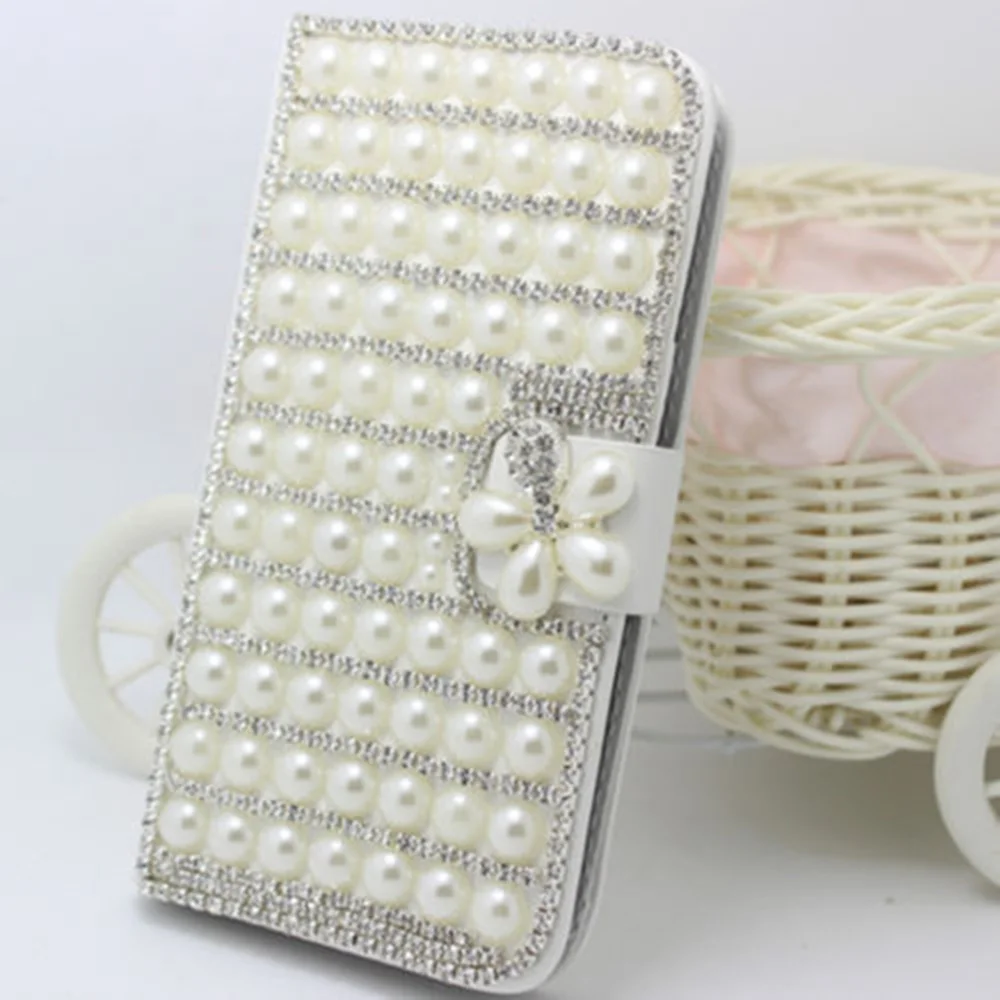 Luxury Bling Handmade Glitter Rhinestone Pearl Leather Flip Wallet Phone Case For iPhone14 11 12 13 Pro MAX XR Xs 7 15 Plus