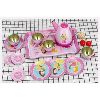

Cartoon pattern Metal Simulated Teapot Teacup Set Afternoon Tea Tinplate Toys Pretend Play Toys For Girls Kid Toys