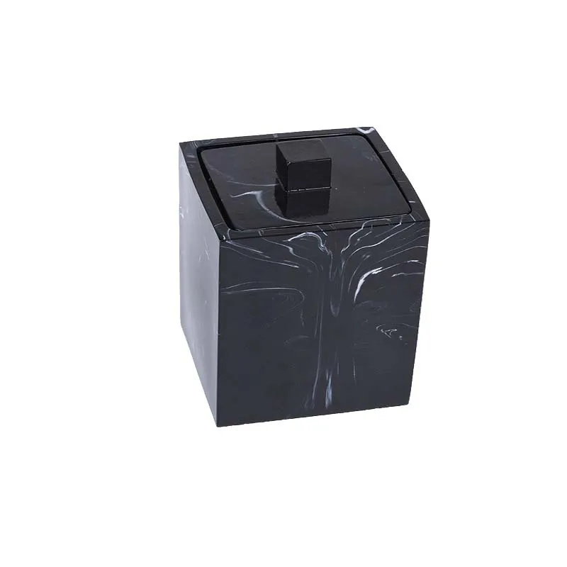 JINSERTA Marbled Resin Storage Box Cotton Swab Organizer Home Toothpick Holder Hotel Luxury Bathroom Cotton Pad Box with Lid