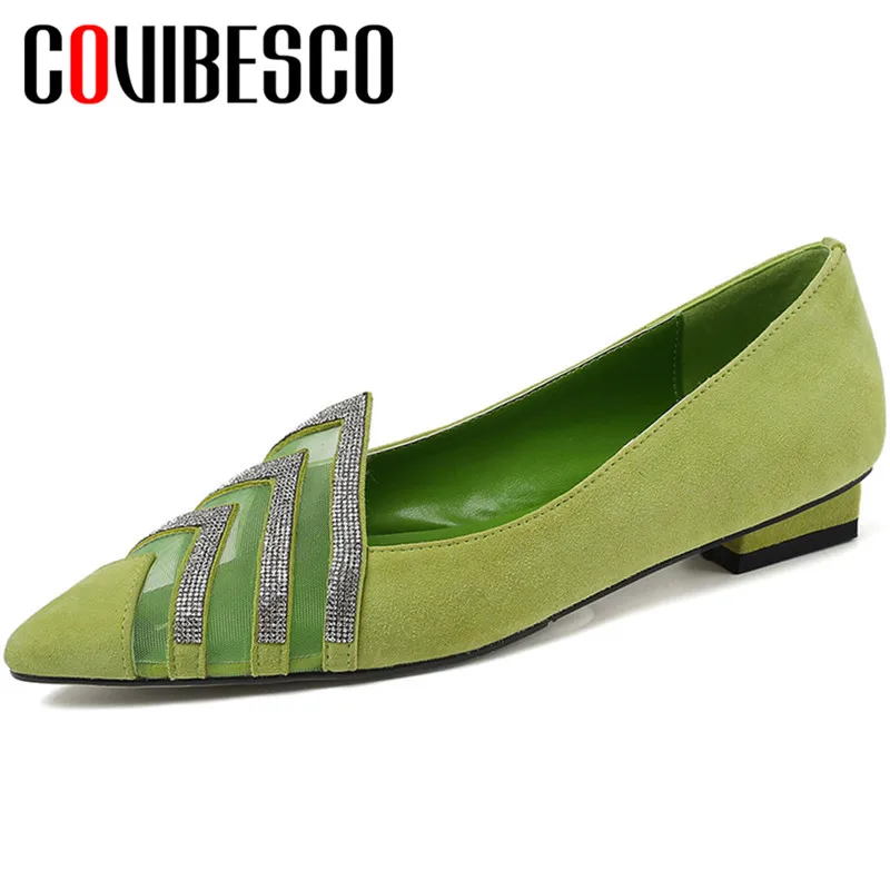

COVIBESCO 2020 Fashion Brand Design Women Pumps Spring Kid Suede Autumn Casual Shallow Rhinestone Pointed Toe Square Heeled
