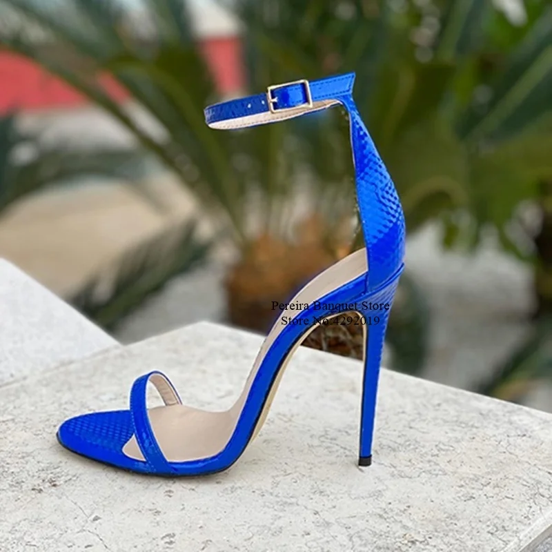 

Sexy Snakeskin Leather High Heel Sandals Blue Red Python Printed Summer Sandals Ankle Strap Stiletto Heels Dress Shoes Drop Ship