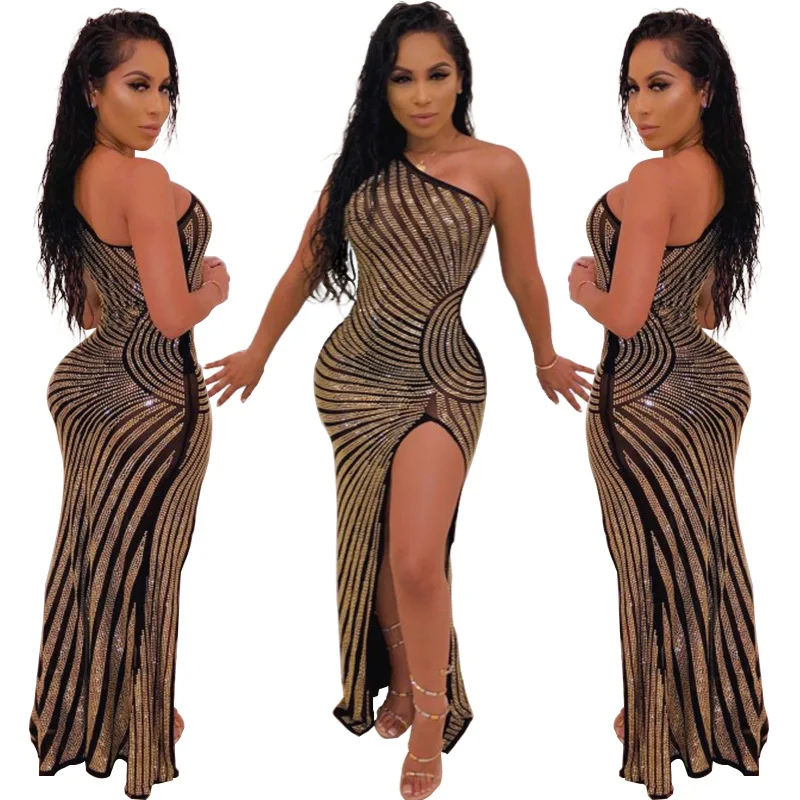SUJYing New Winter Women's Sexy Mesh Ironing One Shoulder Split Dress Mesh See-through Party Dew Shoulder Sleeveless Women Dress